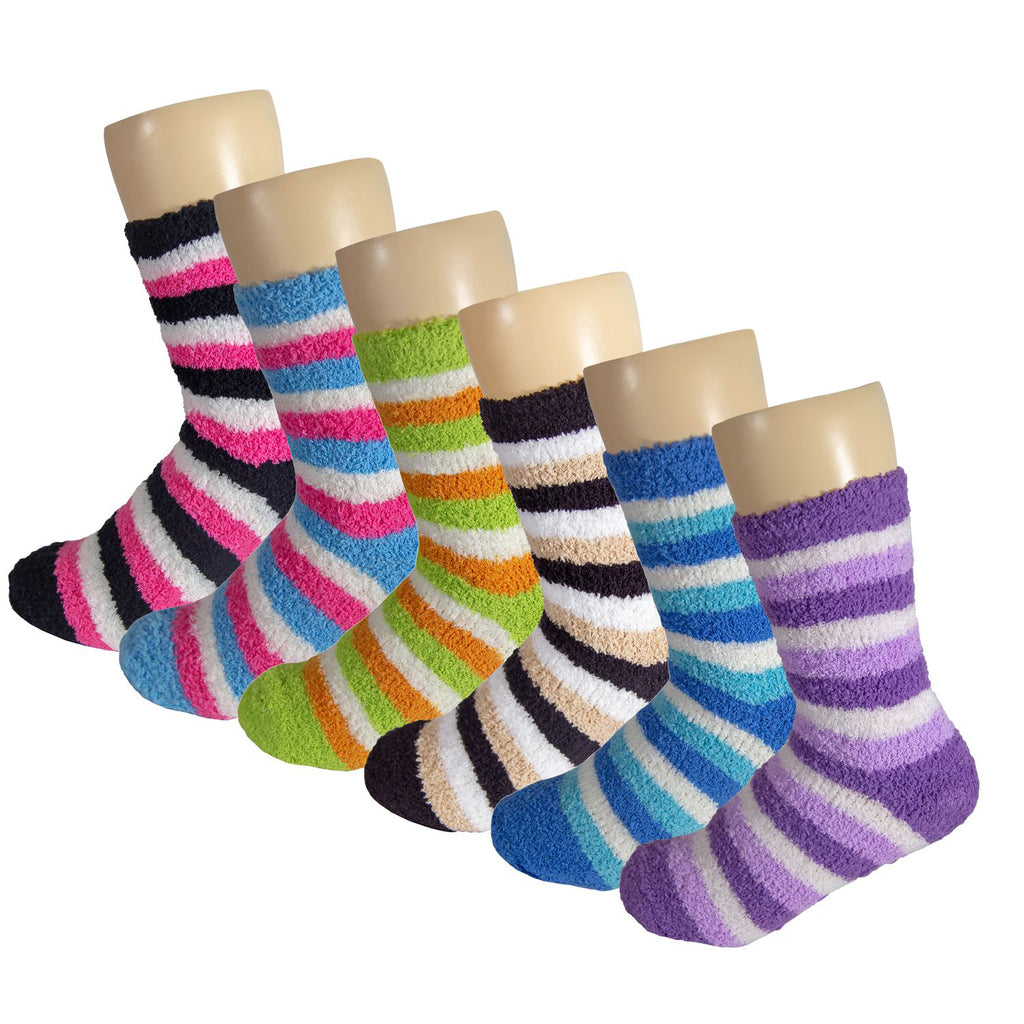 Women's Multicolored Striped Anti Skid Fuzzy Socks with Rubber Grips - 6 Pairs