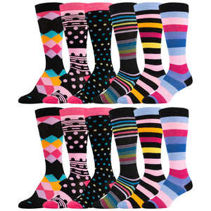 12 Pairs of Fancy Designed Colorful Knee High Socks Striped and Dotted
