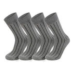 Four pairs of gray crew socks with black drop-needle stripes, cushioned cotton 4-pack