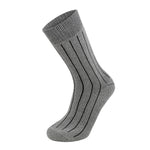 Single gray sock with black stripes showing full terry cushion and ribbed stay-up leg