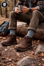 Gray striped crew socks with leather hiking boots on a log in an autumn forest