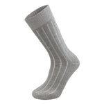 Single gray crew sock with white stripes, thick 82% cotton with ribbed cuff