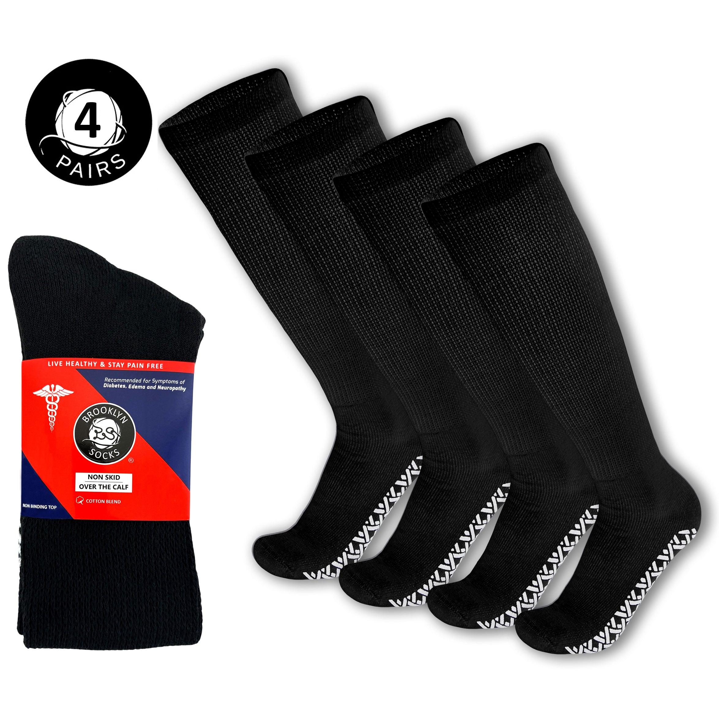 4 Pairs of Non-Skid Over-The-Calf Diabetic Cotton Socks with Non Binding Top
