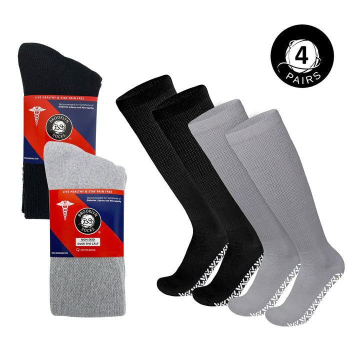 4 Pairs of Non-Skid Over-The-Calf Diabetic Cotton Socks with Non Binding Top