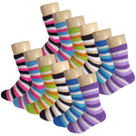 Women's Multicolored Striped Anti Skid Fuzzy Socks with Rubber Grips - 12 Pairs