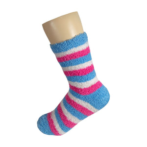 Blue White and Pink Striped Anti Skid Fuzzy Socks with Rubber Grips For Women