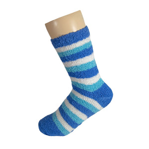Navy White and Blue Striped  Anti Skid Fuzzy Socks with Rubber Grips For Women