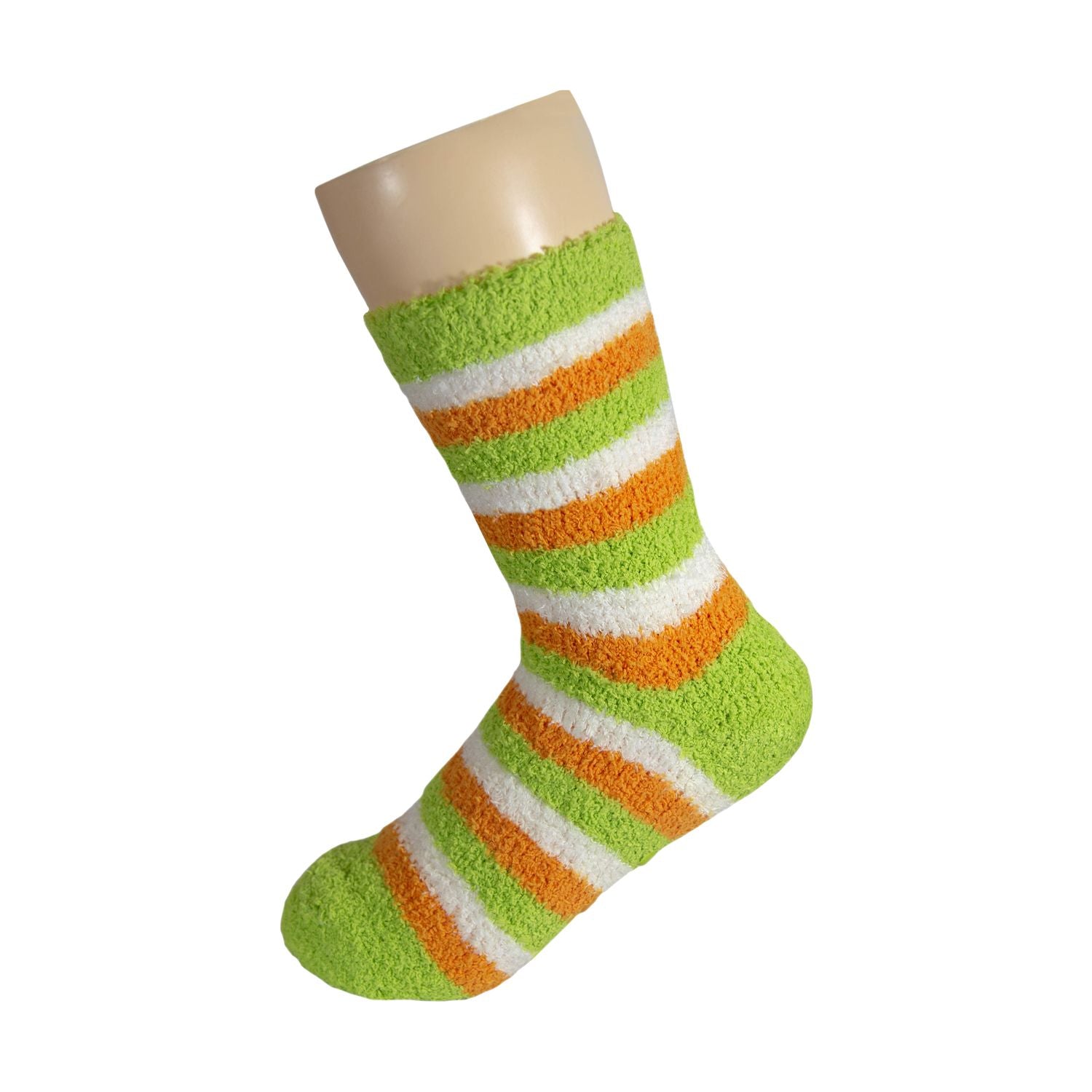 Green White and Orange Striped Anti Skid Fuzzy Socks with Rubber Grips For Women