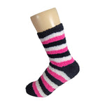 Black White and Pink Striped Anti Skid Fuzzy Socks with Rubber Grips For Women