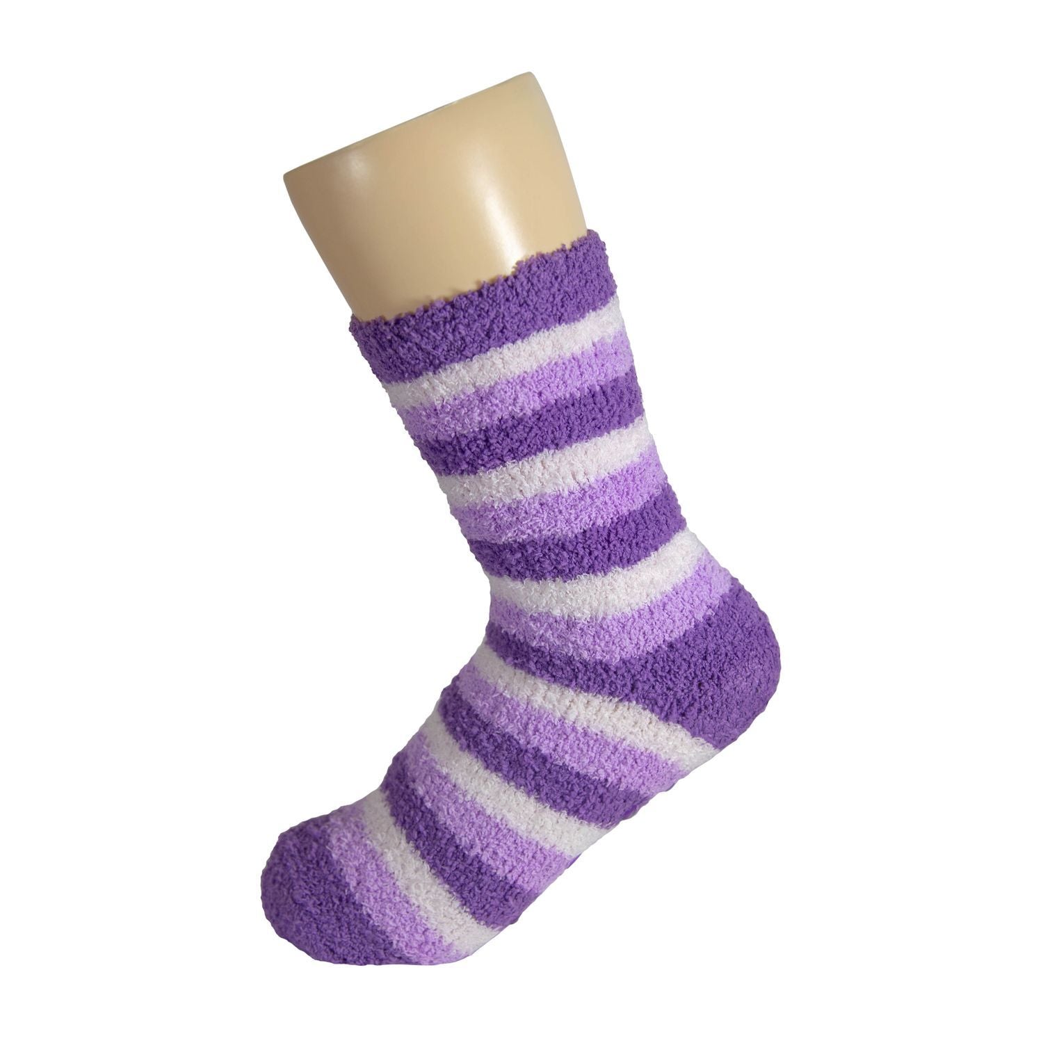 Purple White and Violet Striped Anti Skid Fuzzy Socks with Rubber Grips For Women