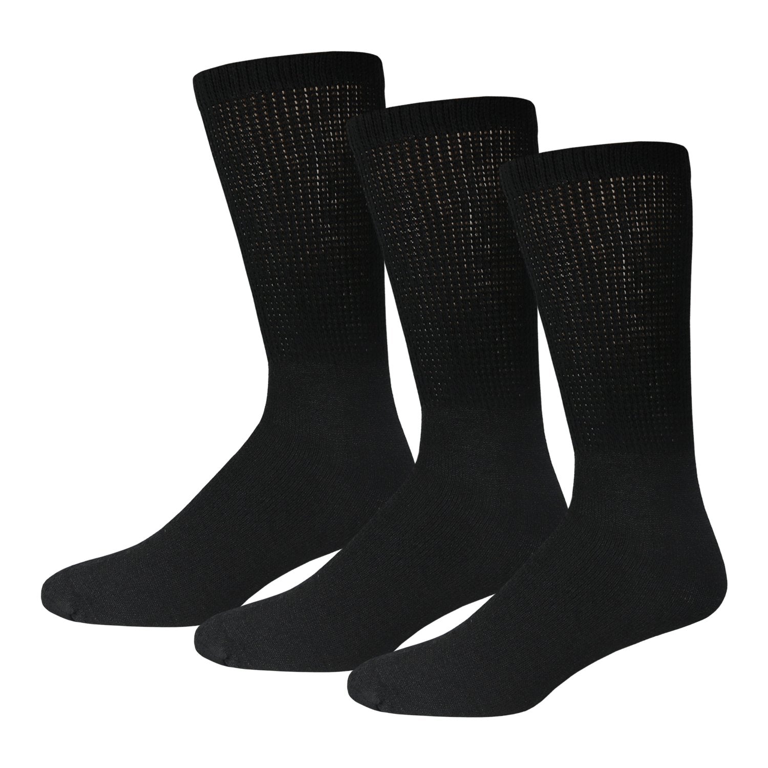 Ladies Black Cotton Diabetic Crew Socks With Loose Top 3 Pack