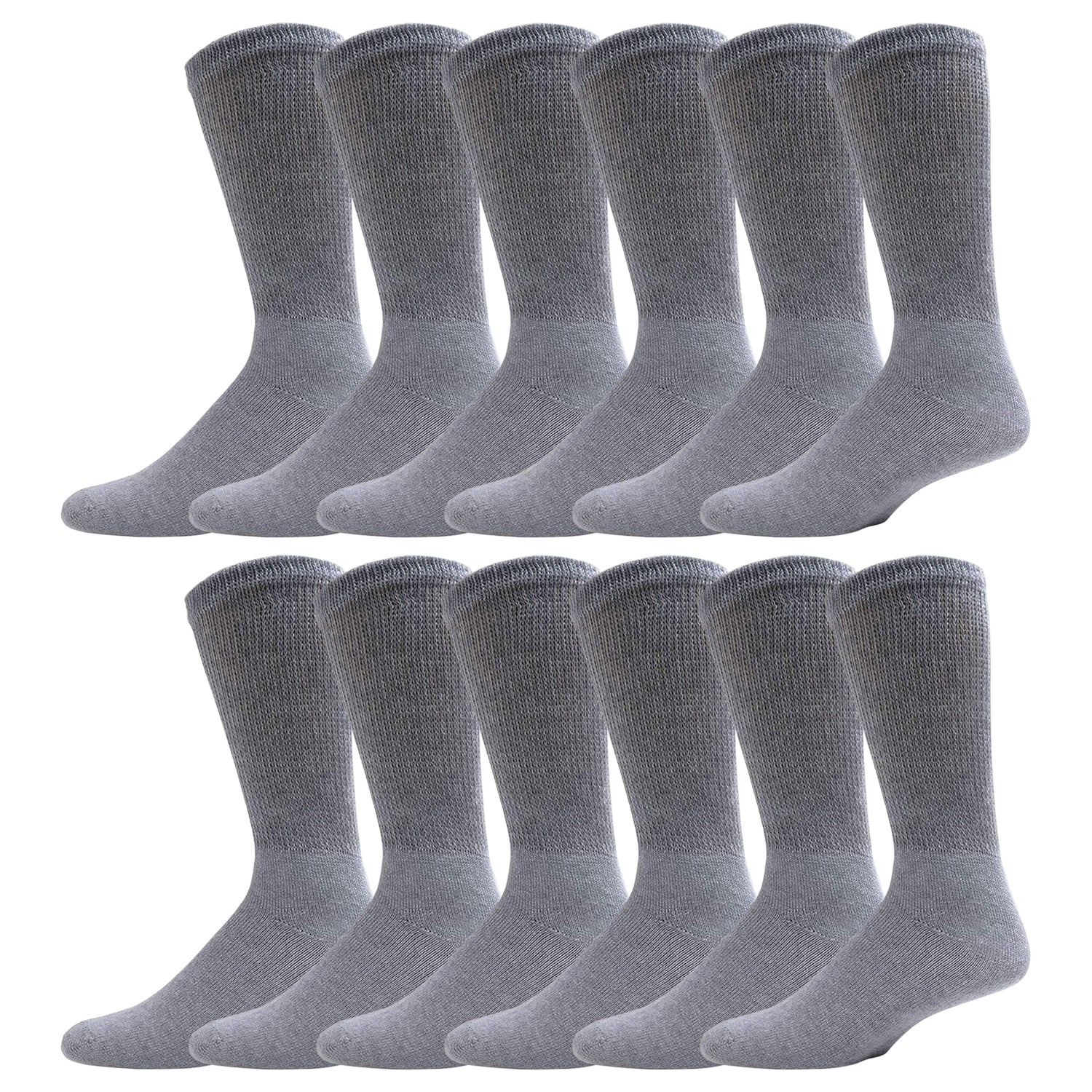 Gray Diabetic Crew Cotton Socks With Ribbed Nonbinding Top 12 Pack