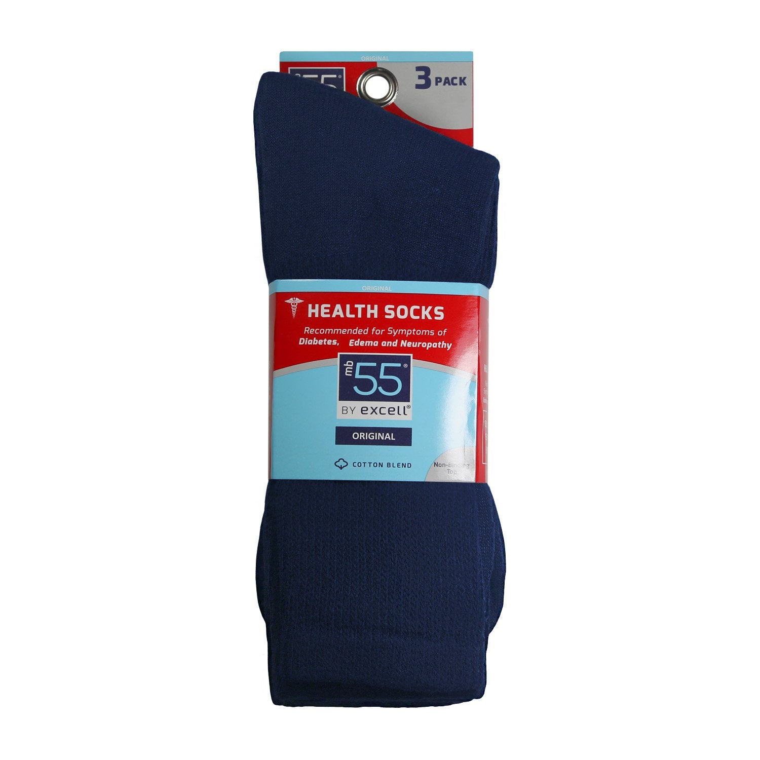 Ladies blue and red packaging  of 3 folded white diabetic neuropathy crew socks 