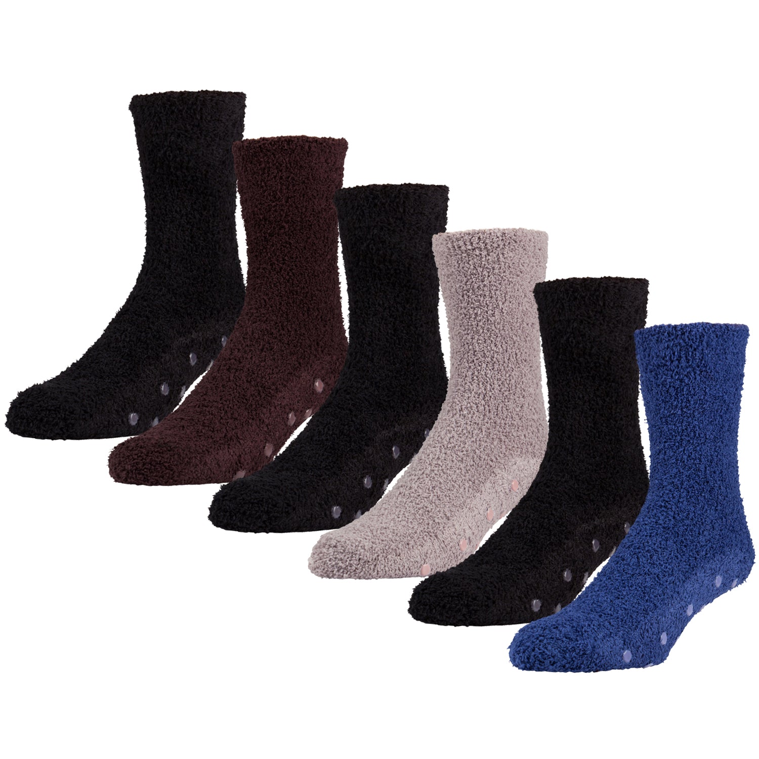 6 pairs of Fuzzy Non Skid Soft Warm Crew Socks with Dot Gripper, Size 10-13