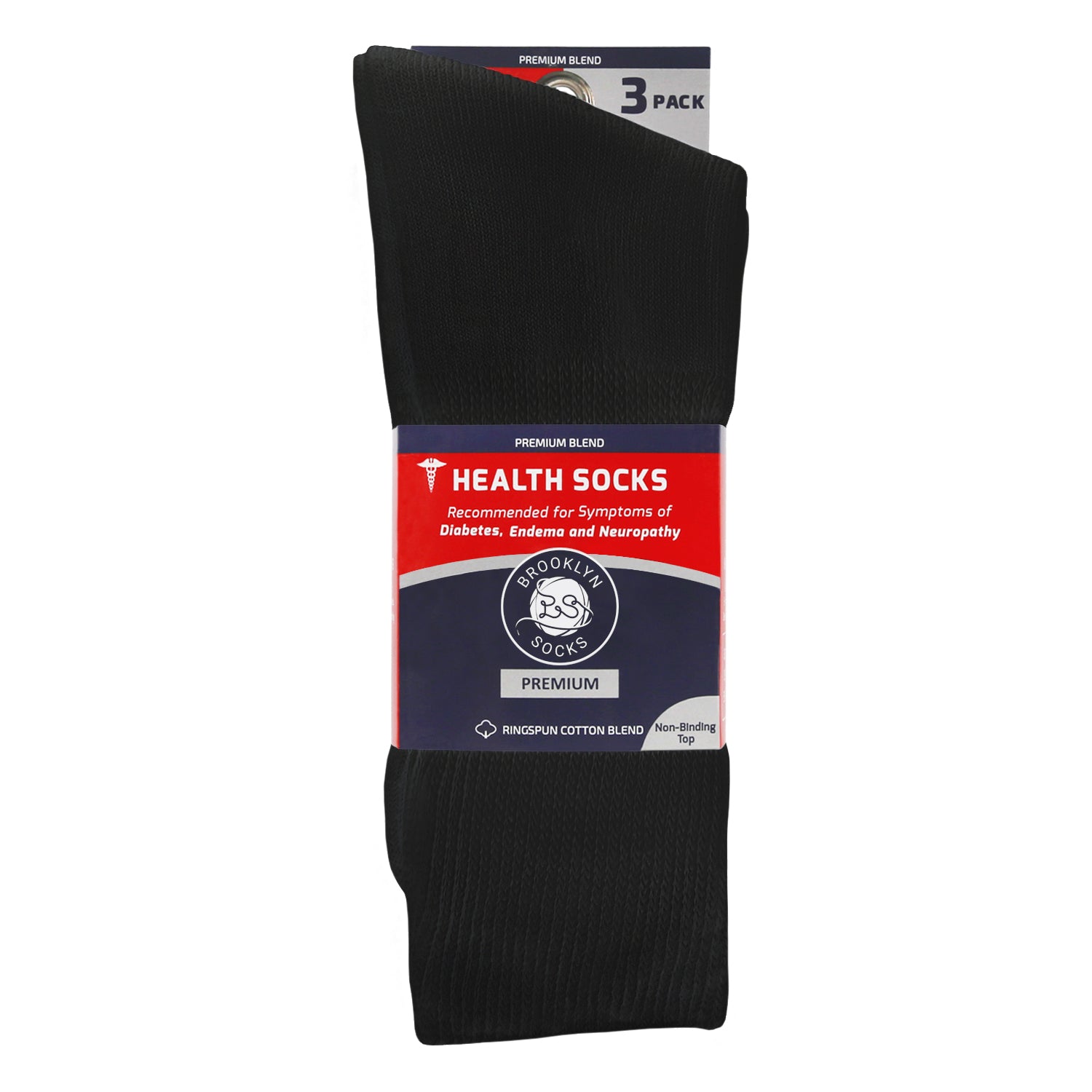 blue and red packaging  of 3 folded black diabetic loose top socks