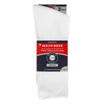 blue and red packaging  of 3 folded white diabetic loose top socks 