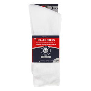 blue and red packaging  of 3 folded white diabetic loose top socks 