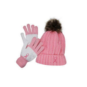 Women’s Winter set, Knitted Beanie with Pompom and Gloves, Pink Ribbon Breast Cancer Awareness