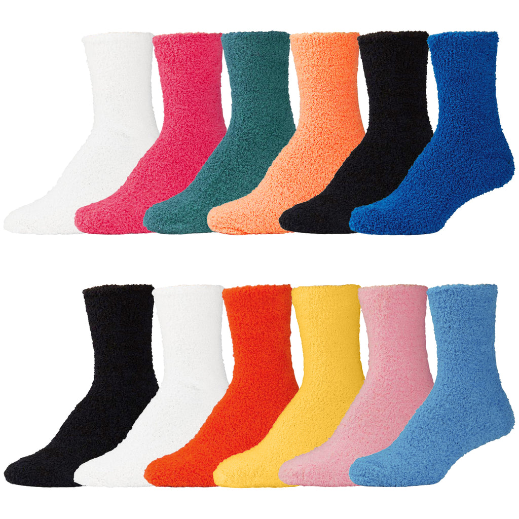 Womens Multicolored Fluffy Fuzzy Slipper Socks - 12 Pairs