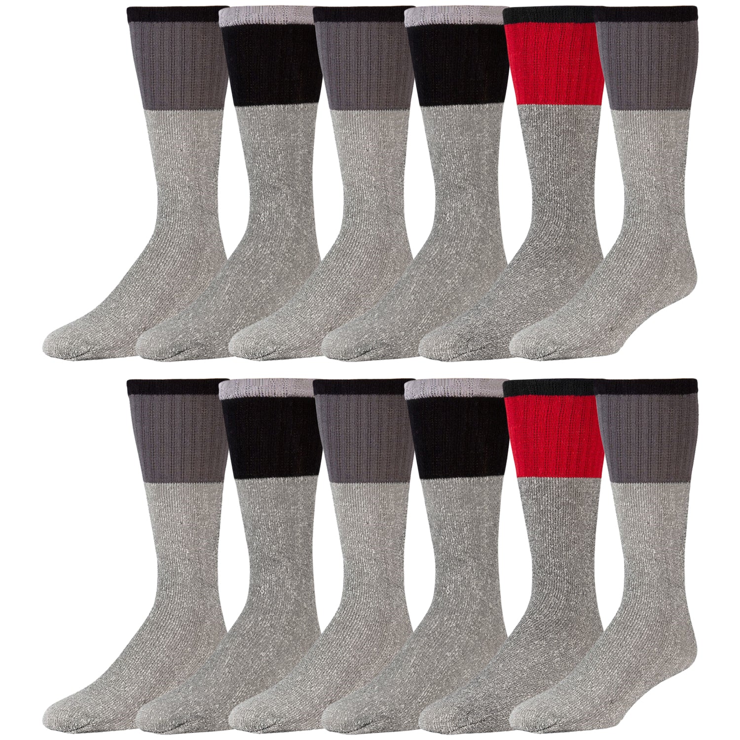 Men's Cotton Blend  Heather Grey Tube Socks For Hiking With Ribbed Colored Tops - 12 Pairs