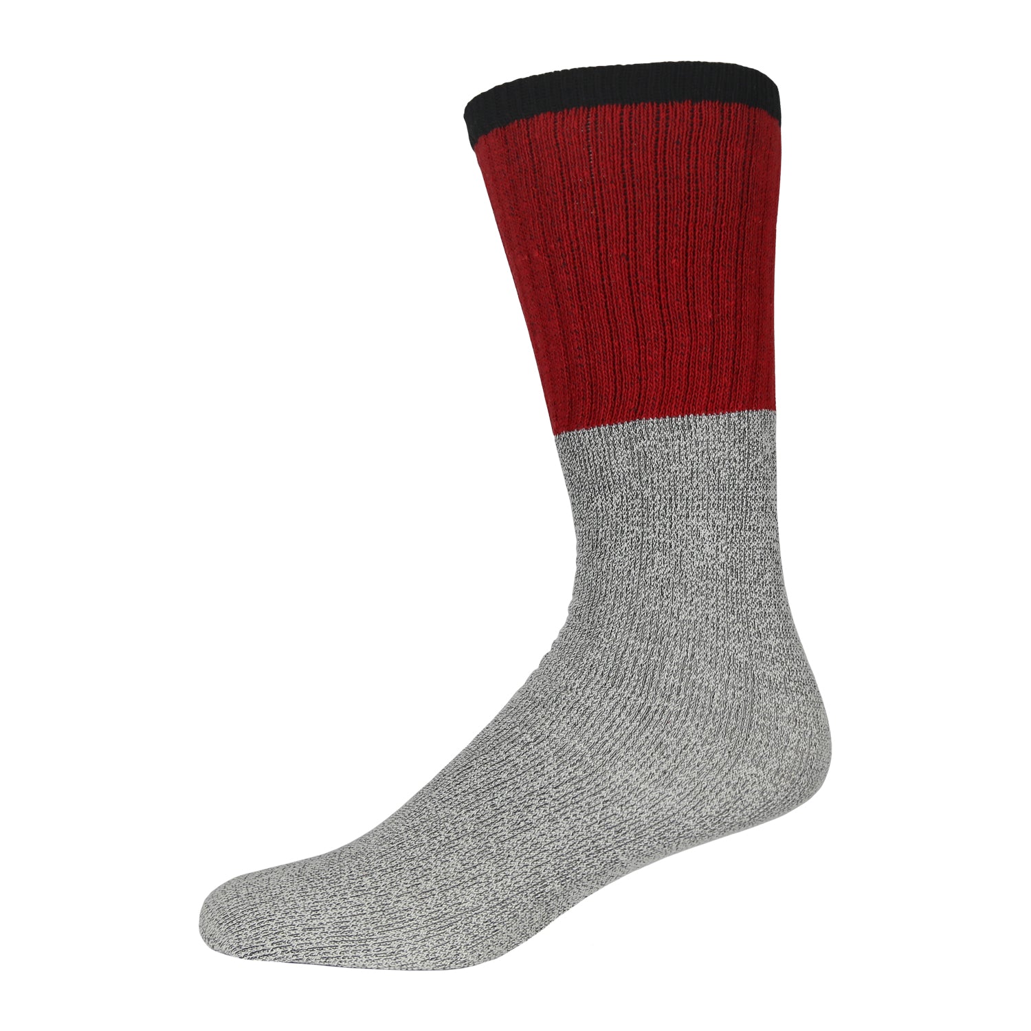 Men's Cotton Blend  Heather Grey Tube Sock For Hiking With Ribbed Black Top And Dark Red Elastic