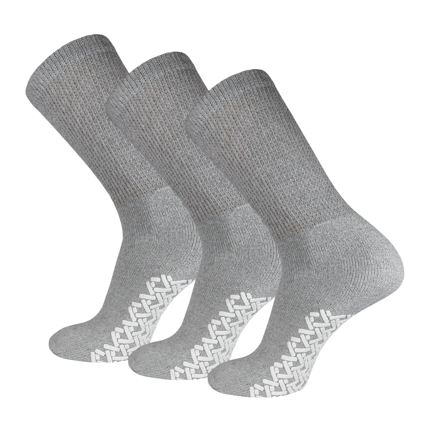 Non-Skid Crew Socks Gray Diabetic Socks With White Rubber Grips On The Bottom 3 Pairs
