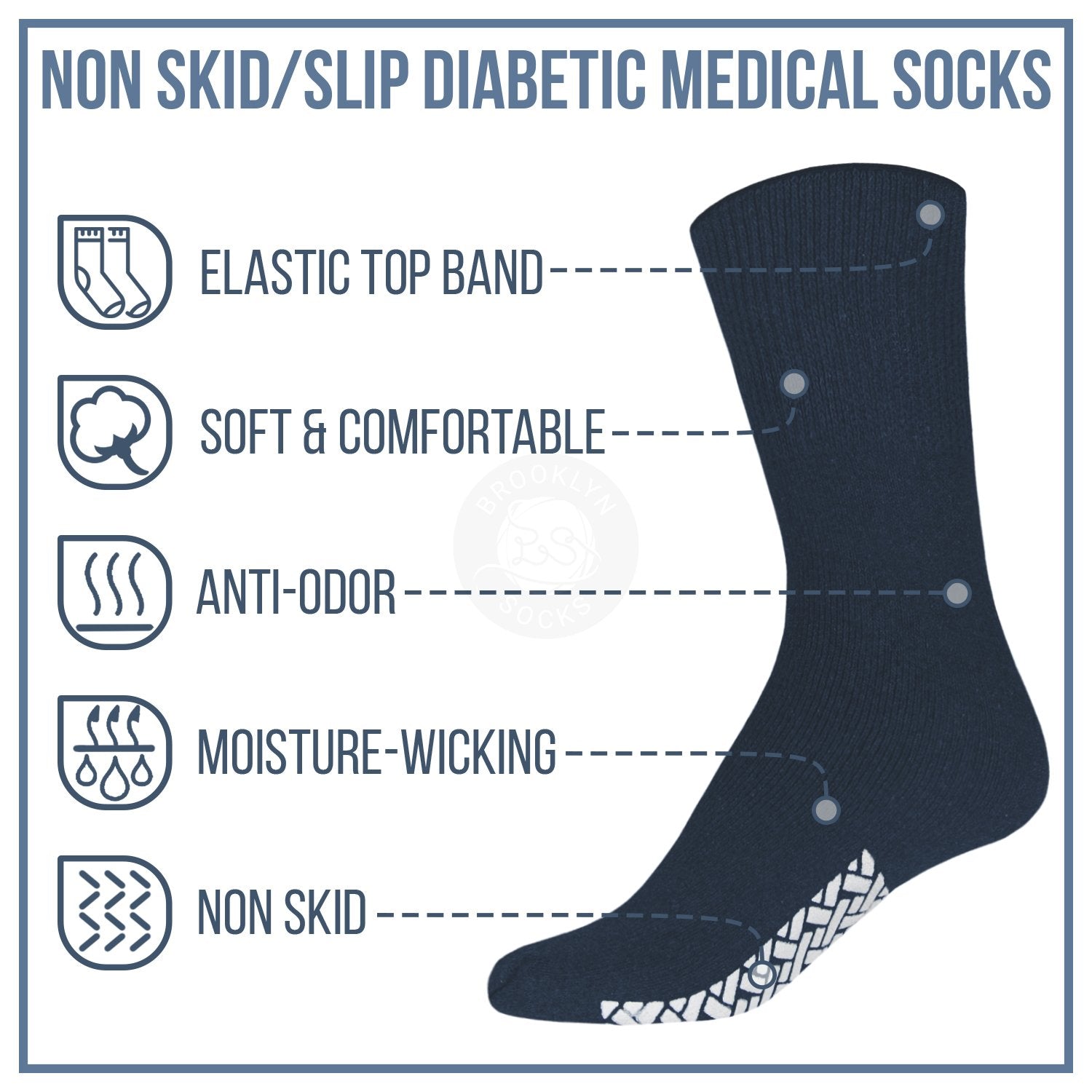 Women's Non Skid Diabetic Socks, Cotton With Rubber Gripper Bottom, Size 9-11